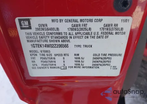 2002 GMC Sierra 1500 Standard из США, поврежденный, VIN 1GTEK14W02Z206566